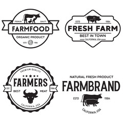 Fototapeta premium Farmers market logo templates stamps labels badges set. Trendy retro style logotypes, farm natural organic products food, animals, beef, goat, hen and pig silhouettes.