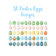 Happy Easter. Set of 50 Easter eggs with different texture on a white background. Concept of Spring holiday.