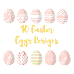 Happy Easter. Set of 10 pink Easter eggs with different texture on a white background. Concept of Spring holiday.