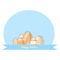 Happy Easter. Set of Easter eggs with different texture on lightblue background. Concept of Spring holiday.