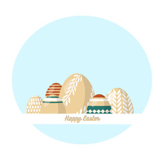 Happy Easter. Set of Easter eggs with different texture on lightblue background. Concept of Spring holiday.