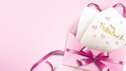 Happy Valentines Day greeting card with pink envelope and purple heart. Gold valentine ribbon concept text suitable for banner, poster, advertising and promotion background