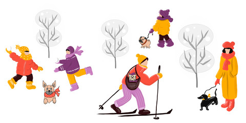 People  and dogs in winter park concept  . Vector, Children and adults walk and play with dogs in the park.