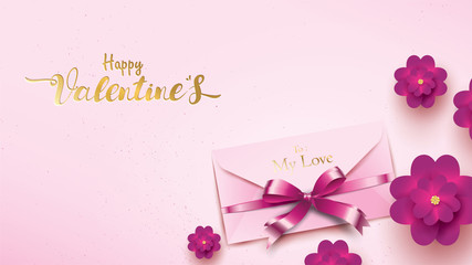 Happy Valentines Day greeting card with pink envelope and purple heart. Gold valentine ribbon concept text suitable for banner, poster, advertising and promotion background