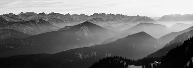 Sunset mountain panorama black and white