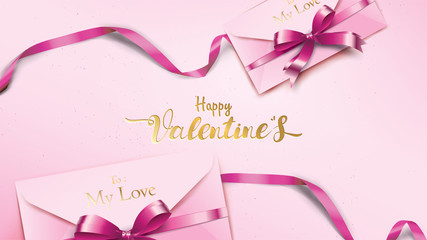 Happy Valentines Day greeting card with pink envelope and purple heart. Gold valentine ribbon concept text suitable for banner, poster, advertising and promotion background
