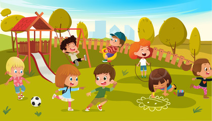 Obraz na płótnie Canvas Kids Play Park Playground Vector Illustration. Children Swing Outdoor in Summer School Kindergarten. City Landscape Background. Boy and Girl Cartoon Character Activity Equipment