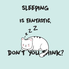 Cute Vector illustration with anime kawaii sleeping cat. With lettering sleeping is fantastic, don't you think. Fashion print for pajamas or t shirt. Good night