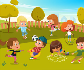 Obraz na płótnie Canvas Baby Play Kindergarten Playground Illustration. Children Play Football and Swing Outdoor in Summer Green Tree Park. Happy Boy and Girl Vector Cartoon Character Activity Toy Equipment