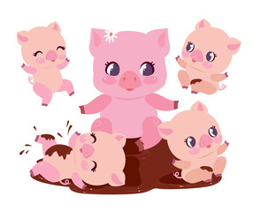 Cute Pig Family Bathe Dirt Puddle Flat Vector Illustration. Happy Chubby Baby Swine Play in Dirty Mud. Pink Young Piglet Animal Mascot Funny Character Cartoon Graphic