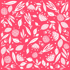 Flower pattern on living coral background. Trendy 2019 palette. Hand drawn vector illustration.