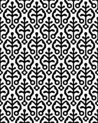 Woodblock printed seamless ethnic floral all over pattern. Traditional oriental ornament of India, stylized flowers of Kashmir, black on white background. Textile design.