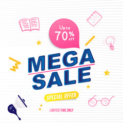 Mega sale 70% and special offer. Banner template with doodle icons and loudspeaker for design advertising and poster. Flat vector illustration EPS 10