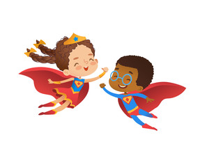 Superhero Friend Character Costume Illustration. Cheerful African Boy and European Caucasian Girl wear Funny Costume for Kindergarten Party. Happy Baby Isolated Set Flat Cartoon Vector Design