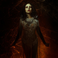 spider web vampire, demonic woman dressed in white lace and silver jewelry. has fangs and thick...