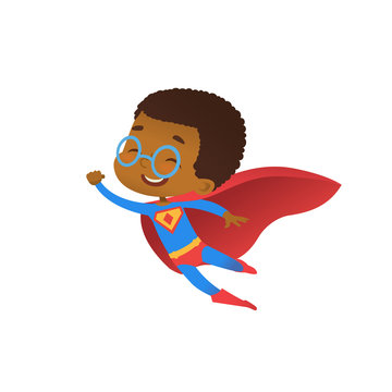 Superhero African Cute Kid Fly Costume Flat Vector. Happy Smile Little Brave Boy Wear Red Cape. Cool Strong Defender Superman Symbol Character Isolated Comic Party Cartoon Illustration