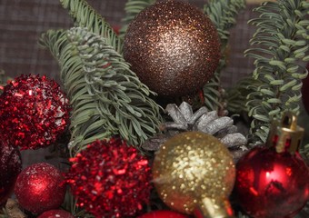 Christmas composition of fir branches, Christmas toys, fir cones. Christmas.