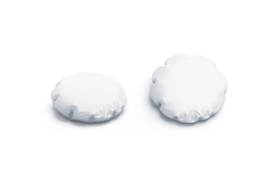 Blank white round pillow mock up set, isolated, 3d rendering. Empty circle pad for decor or relax...