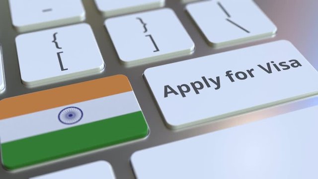 APPLY FOR VISA text and flag of India on the buttons on the computer keyboard. Conceptual 3D animation