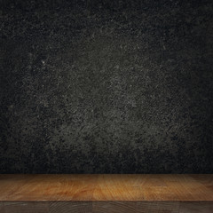 Empty wooden top table and black stone graphite kitchen background, lighted area countertops