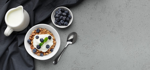 Healthy breakfast concept, copy space, top view