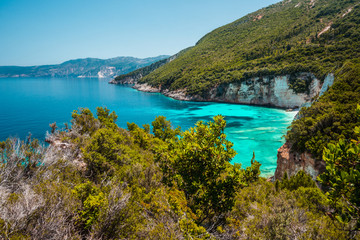 Stunning view of of seascape Ionian Sea, picturesque sea shore line Greece, Europe. Beauty of nature concept
