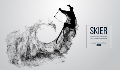Abstract silhouette of a skier isolated on white background from particles, dust, smoke, steam. Skier jumping and performs a trick. Background can be changed to any other. Vector illustration