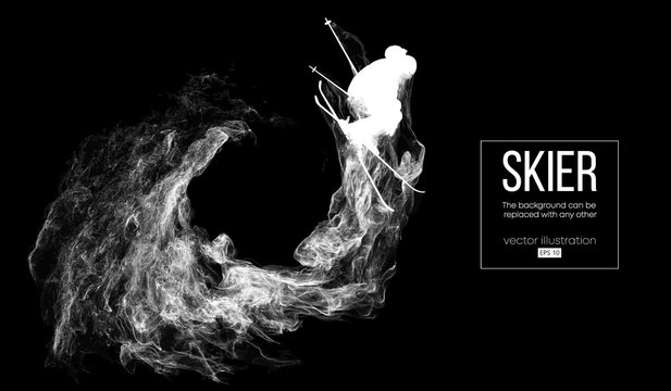 Abstract silhouette of a skier isolated on dark, black background from particles, dust, smoke, steam. Skier jumping and performs a trick. Background can be changed to any other. Vector illustration
