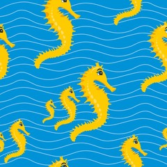 Vector illustration of a set of seamless pattern with cartoon marine animals - sea horse