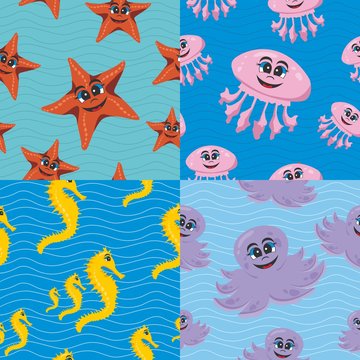 Vector illustration of a set of seamless pattern with cartoon marine animals