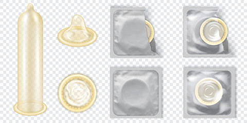 Realistic 3D Detailed Latex Condom Vector Set. - obrazy, fototapety, plakaty