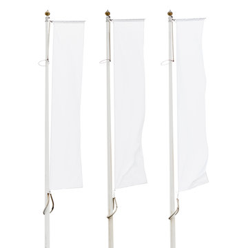 Three Blank White Flags On Flagpoles Isolated On White Background, Corporate Flag Mockup To Ad Logo, Text Or Symbol, Company Identity Flag Template With Copy Space