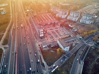 Beautiful panoramic aerial drone view to the Aleje Jerozolimskie street viaduct located in Warsaw,...