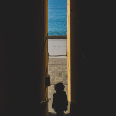 rear view of a woman descending a staircase between two walls in front of sea