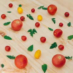 Food composition with red and yellow tomatoes and green leaves on light wooden background