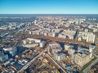 WARSAW, POLAND - NOVEMBER 20, 2018: Beautiful panoramic aerial skyline drone view to the skyscrapers located center of Warsaw City, Poland