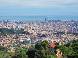 Panorama of Barcelona city from Tibidabo, Catalonia, Spain. Scenic and beautiful panoramic view. No people. Vivid colors. Stylized quality. - 244331924