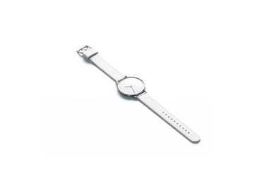 Blank white lying watch with wristlet mockup, isolated, 3d rendering. Empty timer bracelet mock up, side view. Clear quartz horologe with band template.
