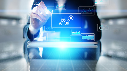 Big data analysis, business intelligence, technology solutions concept on virtual screen.
