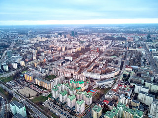 WARSAW, POLAND - NOVEMBER 21, 2018: Beautiful panoramic aerial skyline drone view to the skyscrapers located center of Warsaw City, Poland