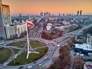WARSAW, POLAND - NOVEMBER 17, 2018: Beautiful panoramic aerial drone view to 