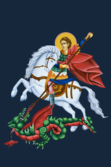 Fototapeta na wymiar Saint George Killing the Dragon. Illustration in Byzantine style.