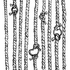 Hand drawn vector illustration of twisted ropes, knots, metal rings and buckles