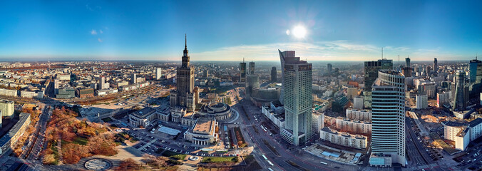 WARSAW, POLAND - NOVEMBER 20, 2018: Beautiful panoramic aerial drone view to the center of Warsaw...