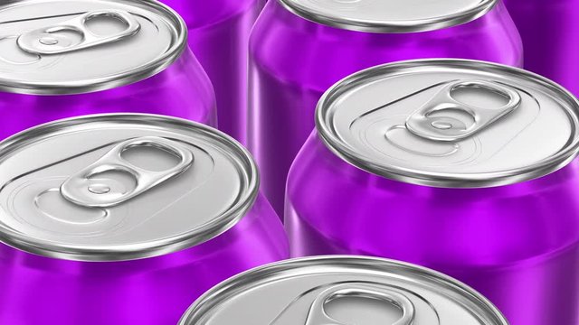 UHD looping 3D animation of the purple aluminum soda cans