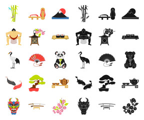 Country Japan cartoon,black icons in set collection for design.Japan and landmark vector symbol stock web illustration.