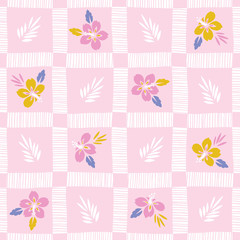 Colorful Tropical Exotic Foliage, Hibiscus Hand-Drawn Plaid Floral Vector Seamless Pattern. Palm Checkered Background