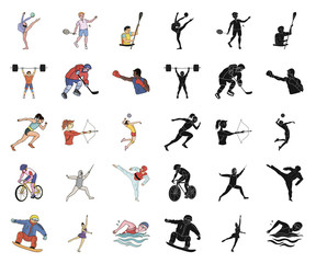 Different kinds of sports cartoon,black icons in set collection for design. Athlete, competitions vector symbol stock web illustration.