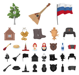 Country Russia, travel cartoon, black icons in set collection for design. Attractions and features vector symbol stock web illustration.