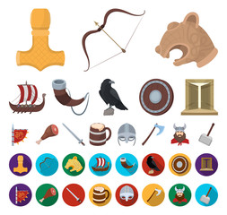 Vikings and attributes cartoon,flat icons in set collection for design.Old Norse Warrior vector symbol stock web illustration.